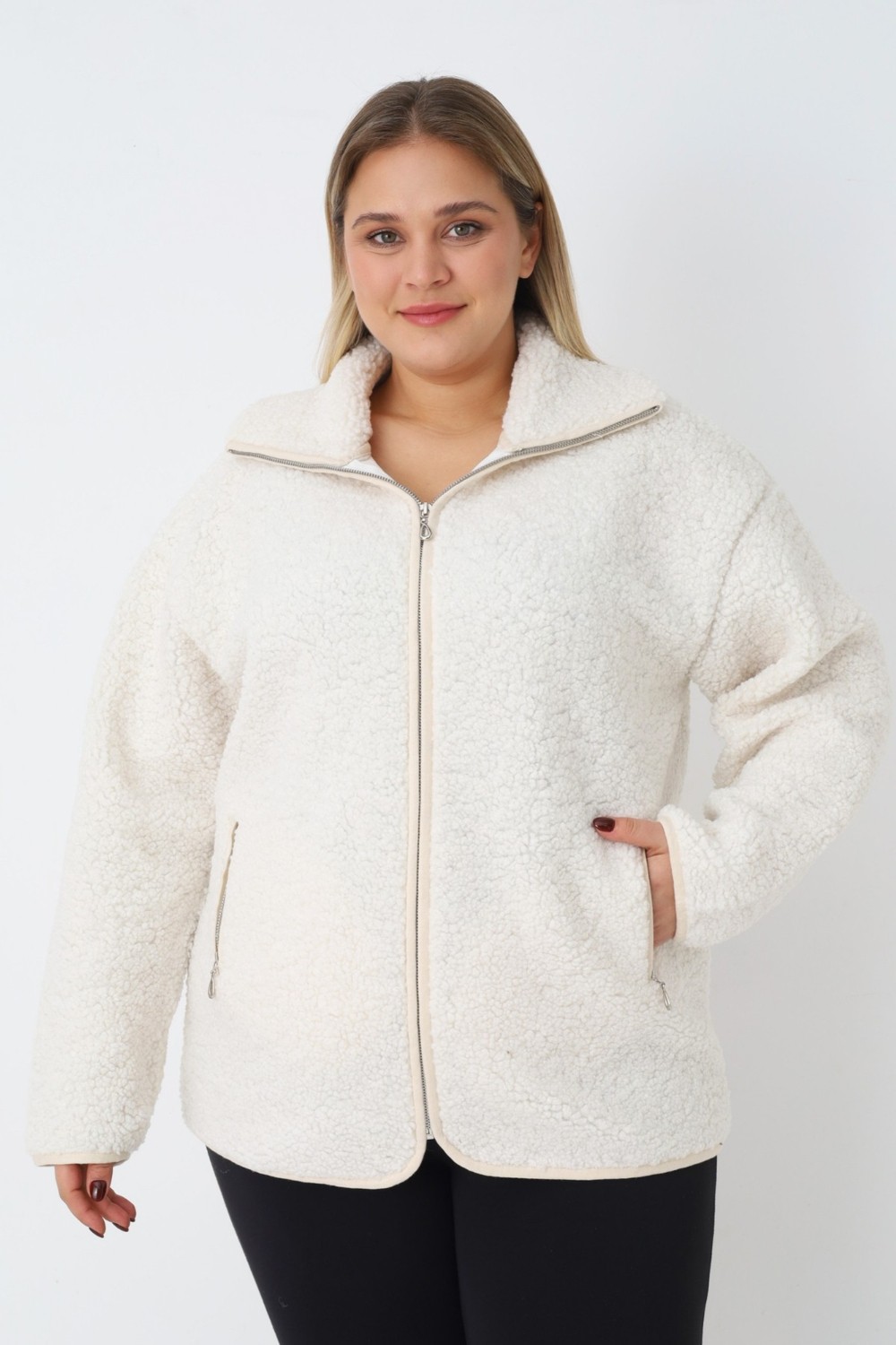 Intensive Collection Kadın Büyük Beden Fermuarlı Cepli Uzun Kollu Peluş Hırka