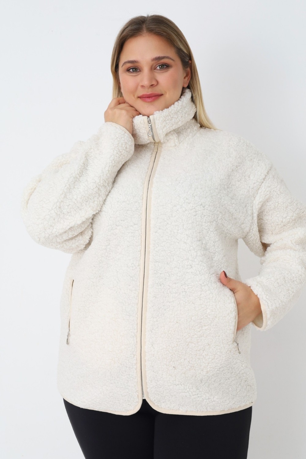 Intensive Collection Kadın Büyük Beden Fermuarlı Cepli Uzun Kollu Peluş Hırka görsel 2