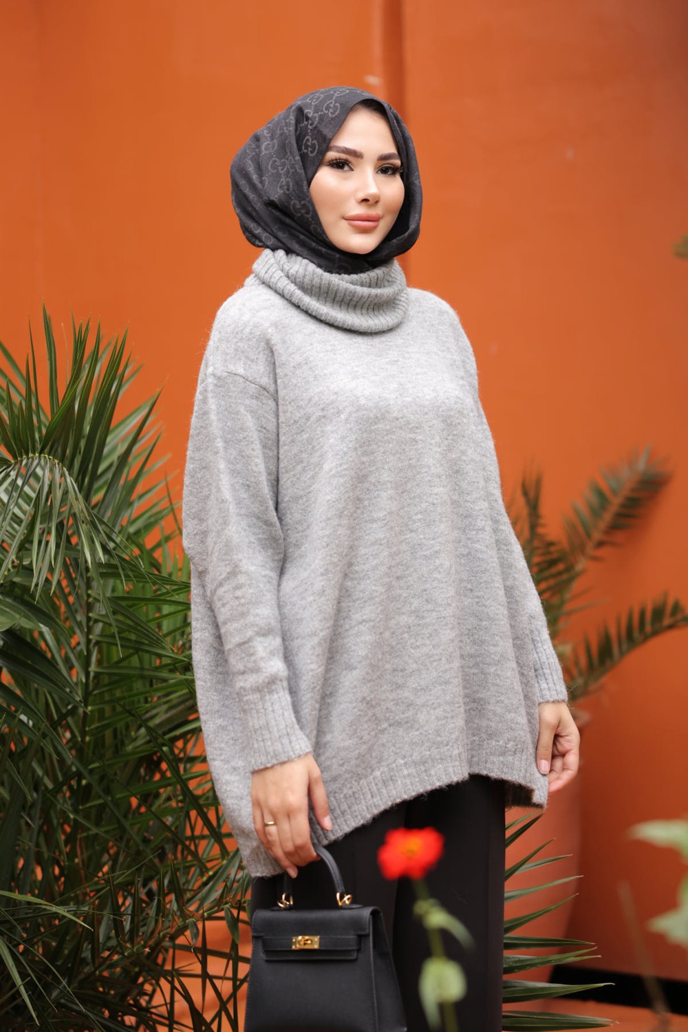 İmaj Butik Gri Balıkçı Yaka Salaş Triko Kazak