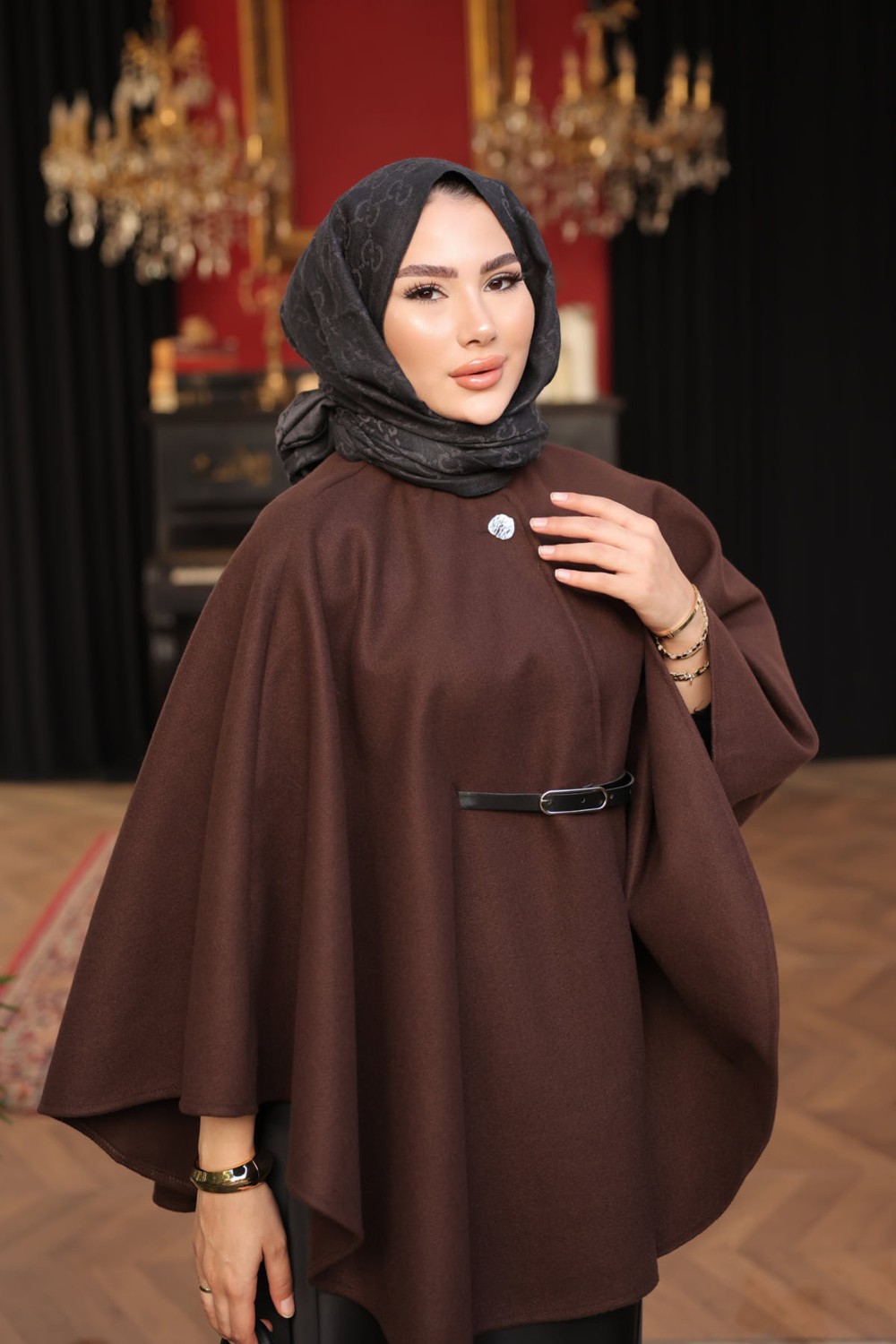 İmaj Butik Kahverengi Kemerli Kaşe Panço görsel 4