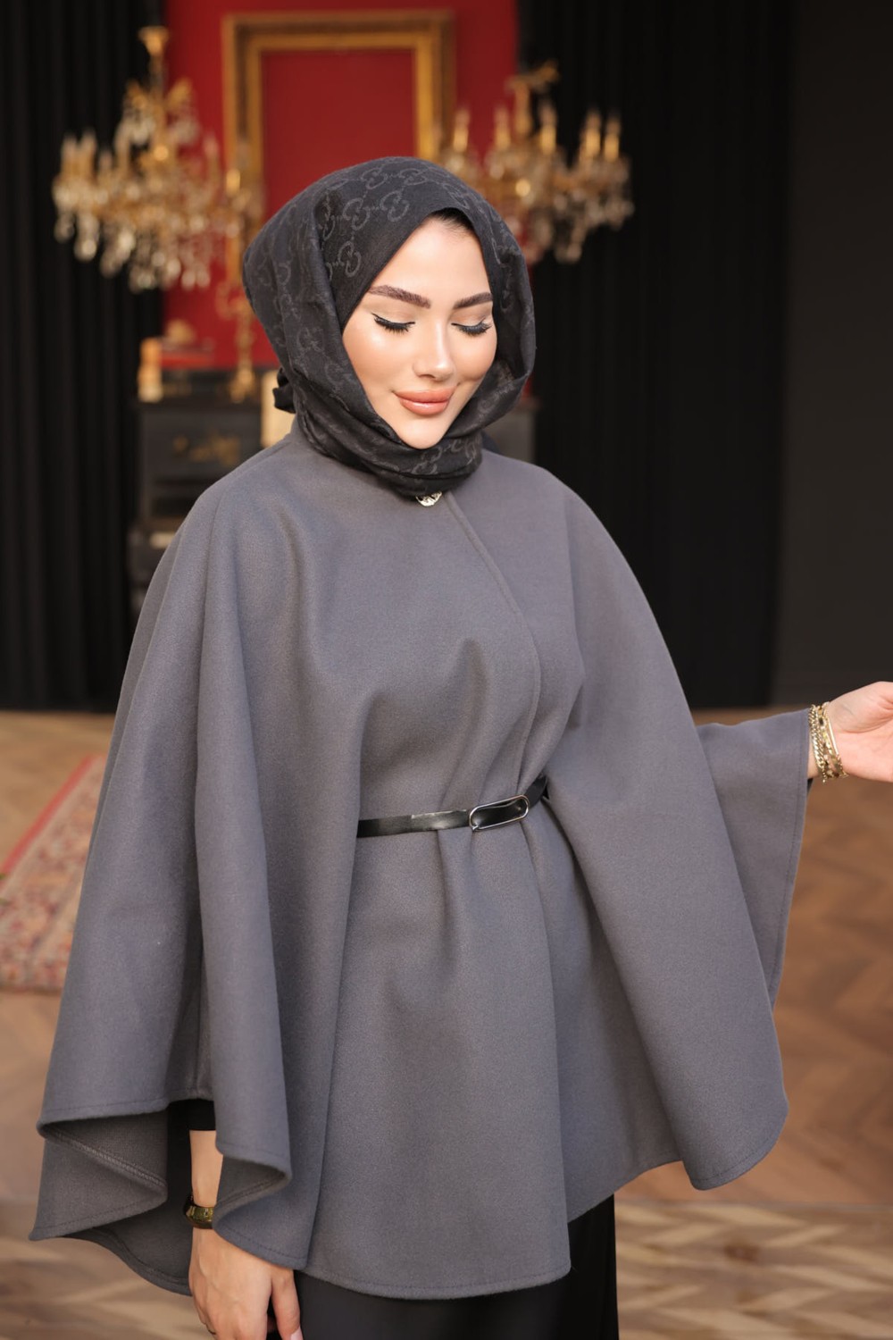 İmaj Butik Kahverengi Kemerli Kaşe Panço görsel 7
