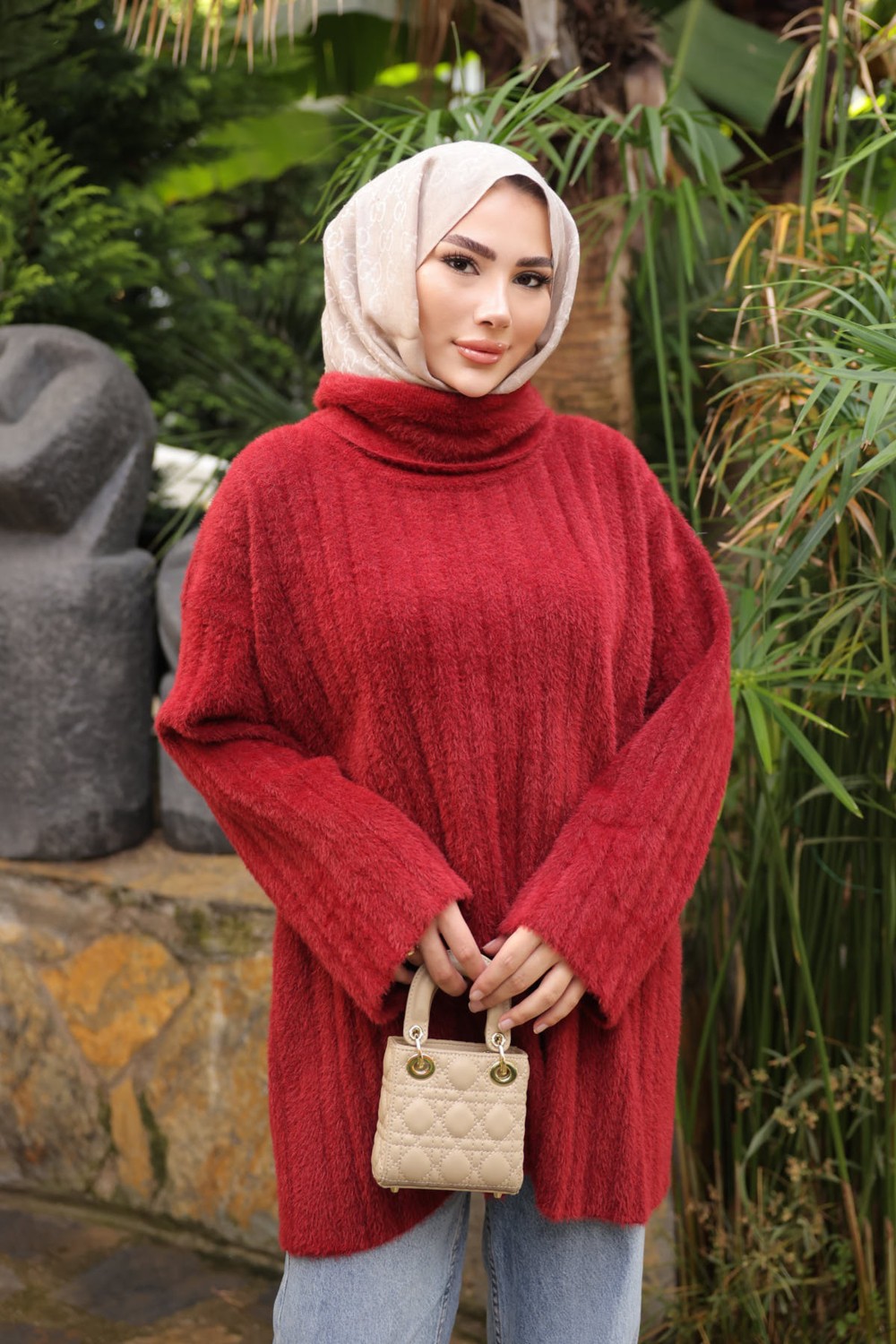 İmaj Butik Bordo Balıkçı Yaka Salaş Angora Yumoş Triko Tunik
