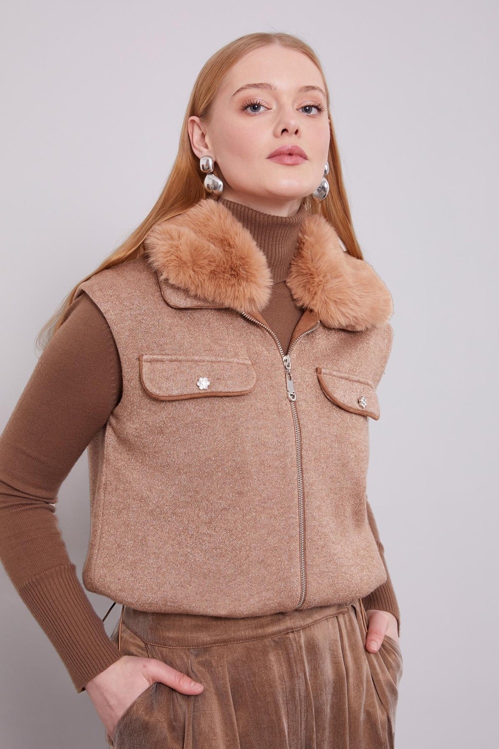 Lêvi D'or Levidor Camel Yakası Kürk Detaylı Kaşmir Yelek
