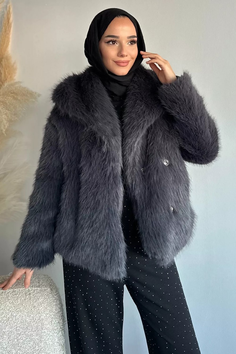 Julude Iç Astarlı Çift Cepli Kürklü Tesettür Mont P-00019456