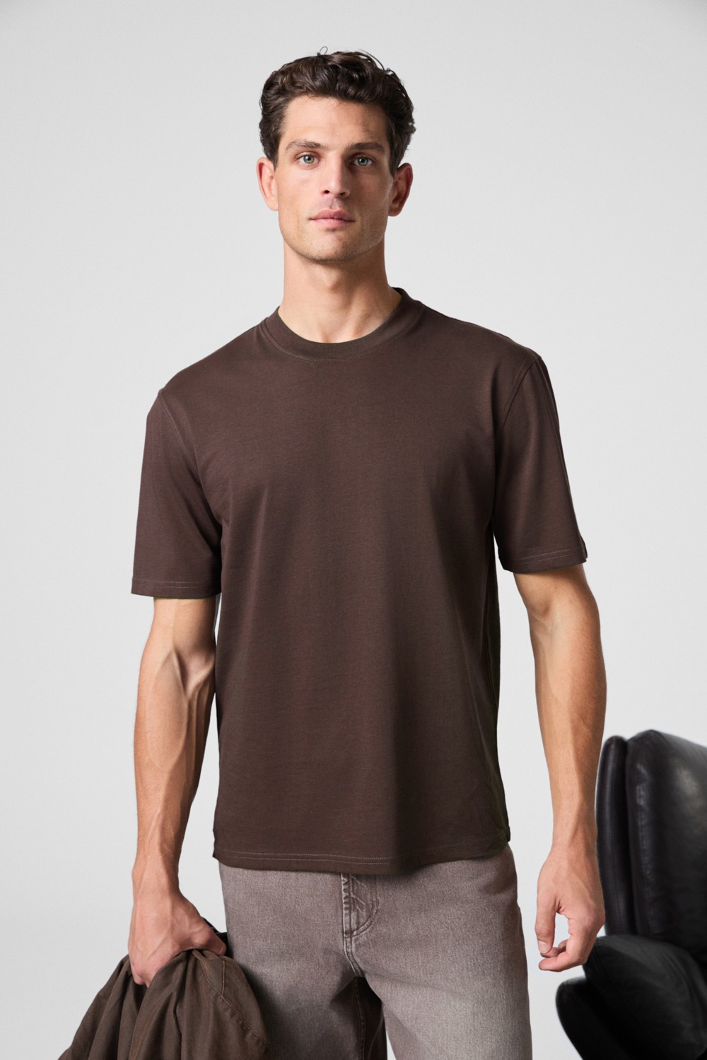 Grimelange Solo Erkek %100 Organik Pamuklu Kalın Dokulu Comfort Fit Bisiklet Yakalı Siyah T-shirt