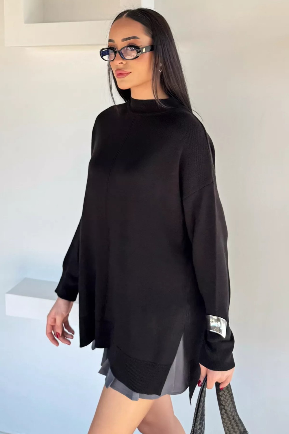 Gülseli Yan Yırtmaçlı Triko Tunik P-00019652