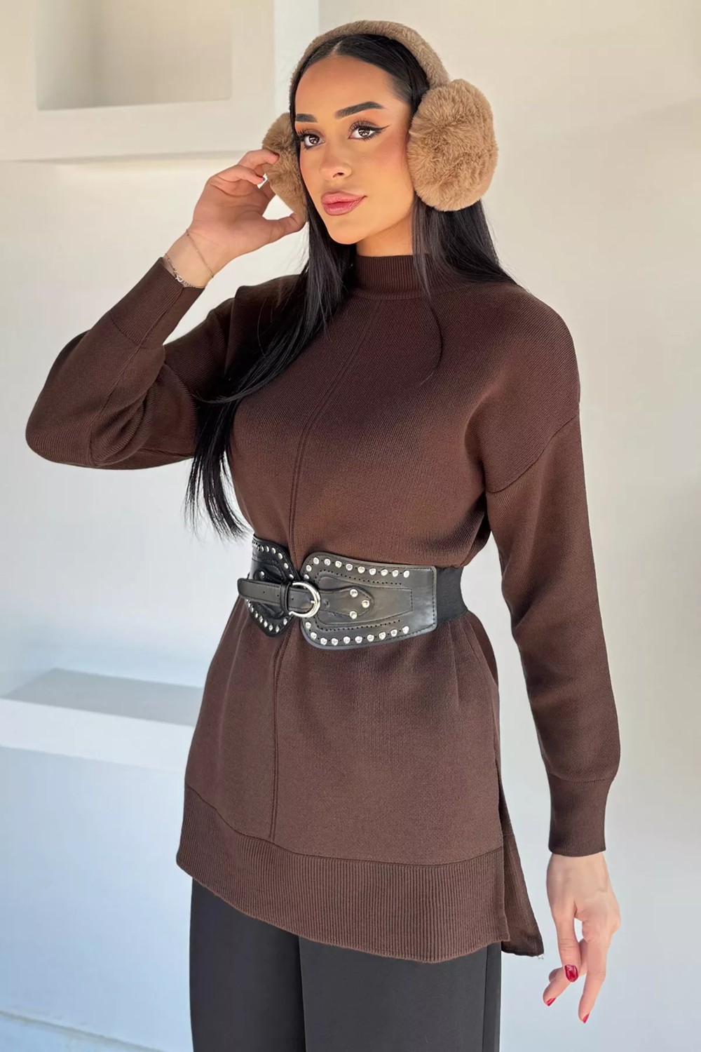 Gülseli Yan Yırtmaçlı Triko Tunik P-00019652 görsel 5