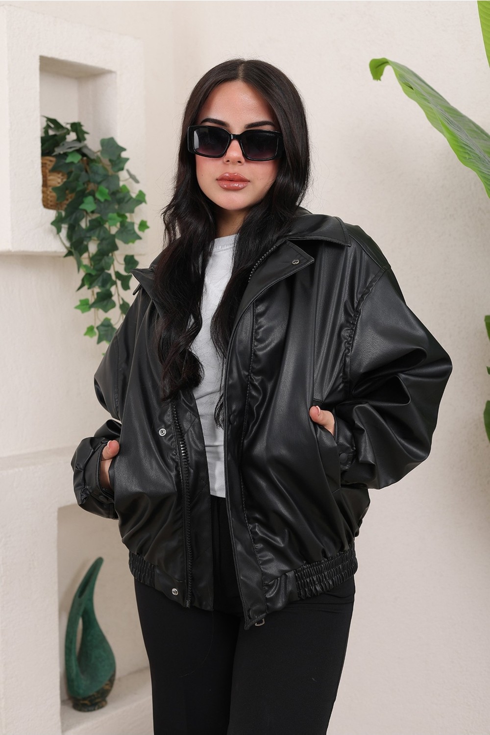 Baselco Oversize Vintage Bomber Deri Ceket görsel 2