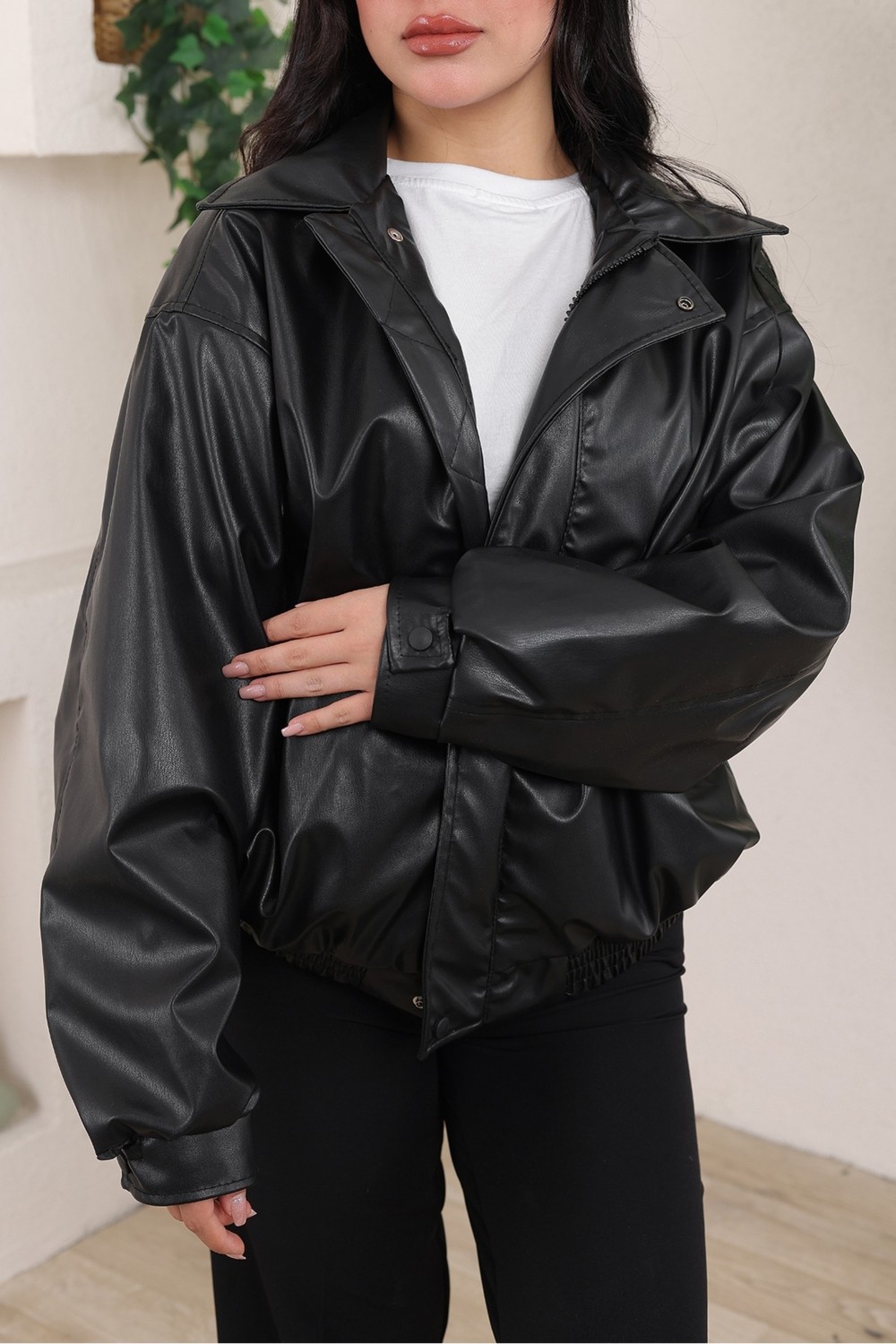 Baselco Oversize Vintage Bomber Deri Ceket görsel 3