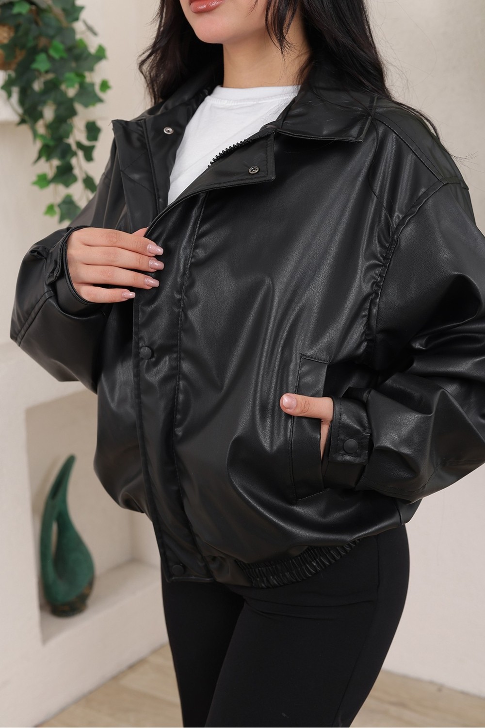 Baselco Oversize Vintage Bomber Deri Ceket görsel 5