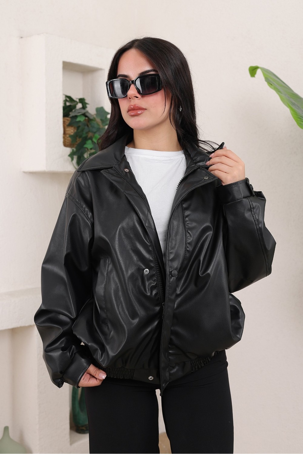 Baselco Oversize Vintage Bomber Deri Ceket görsel 6