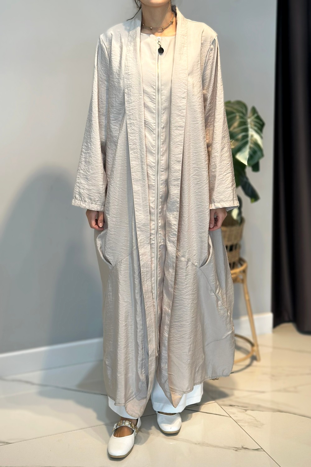 Lale Butik Önü Fermuarlı Şal Yaka Dubai Kap 5860 Bej