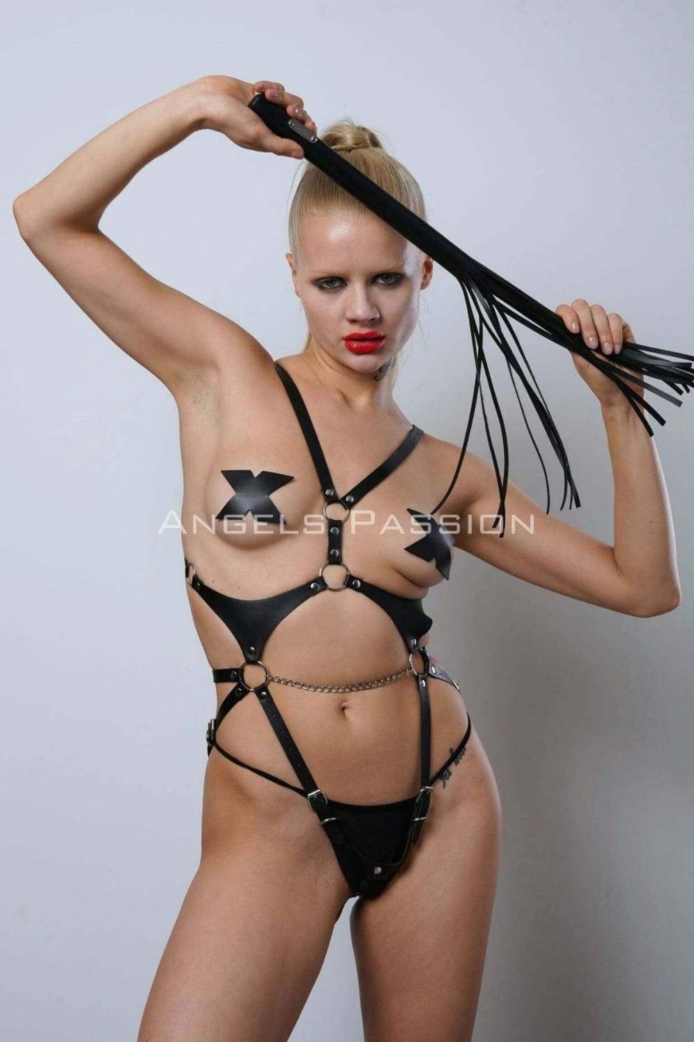 Moda Şahsenem Kırbaçlı ve Ağ Bölgesi Açık Deri Body Harness, Deri Fantezi Giyim, Clubwear - BRF1355 görsel 6