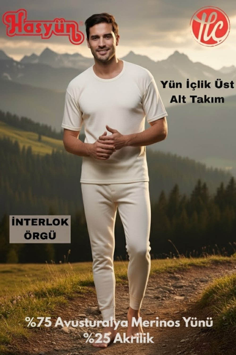 Hasyün Erkek Ekru %75 Yün Ter Emici Kaşındırmaz Içlik Kısa Kol Üst Alt Takım görsel 3