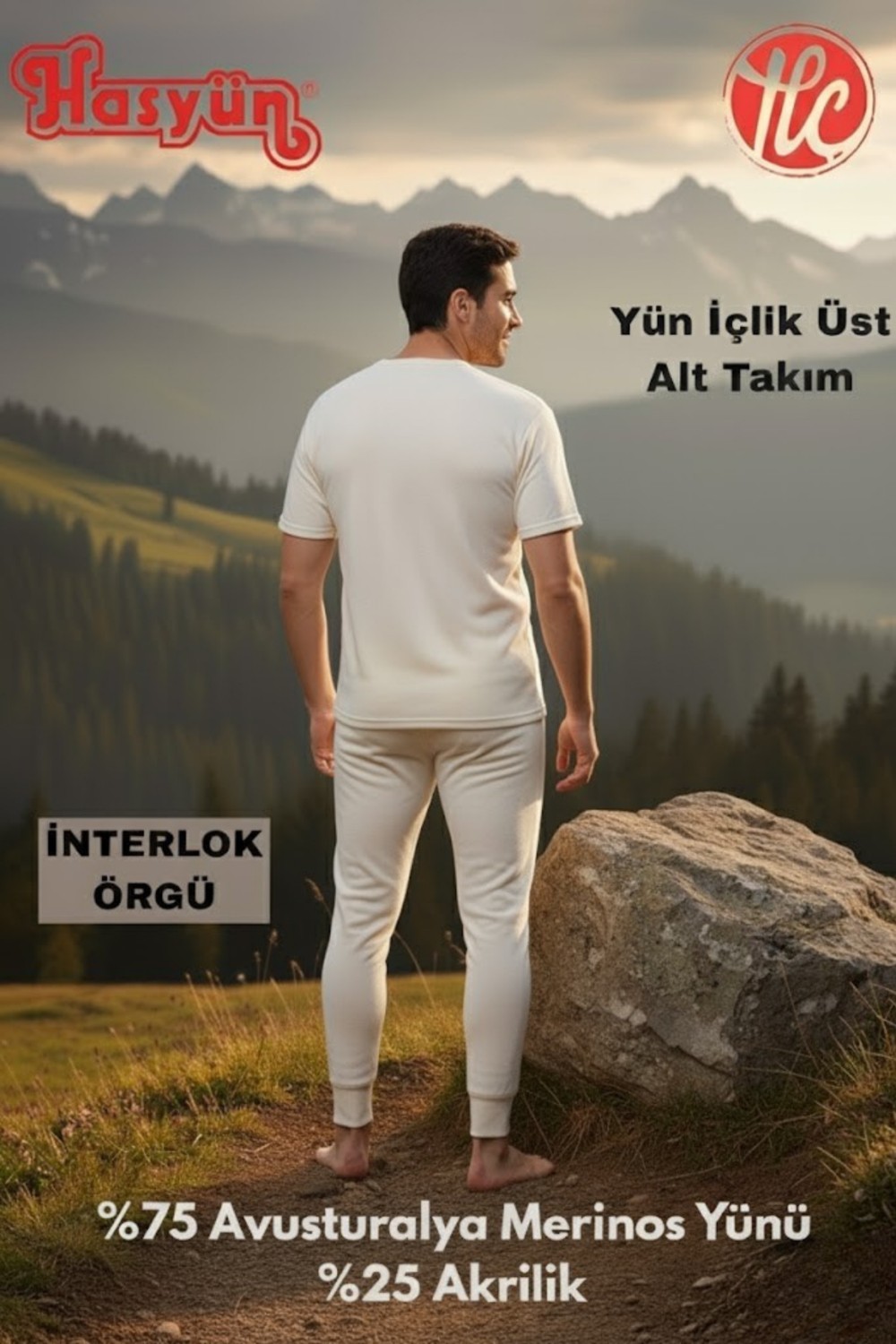 Hasyün Erkek Ekru %75 Yün Ter Emici Kaşındırmaz Içlik Kısa Kol Üst Alt Takım görsel 5