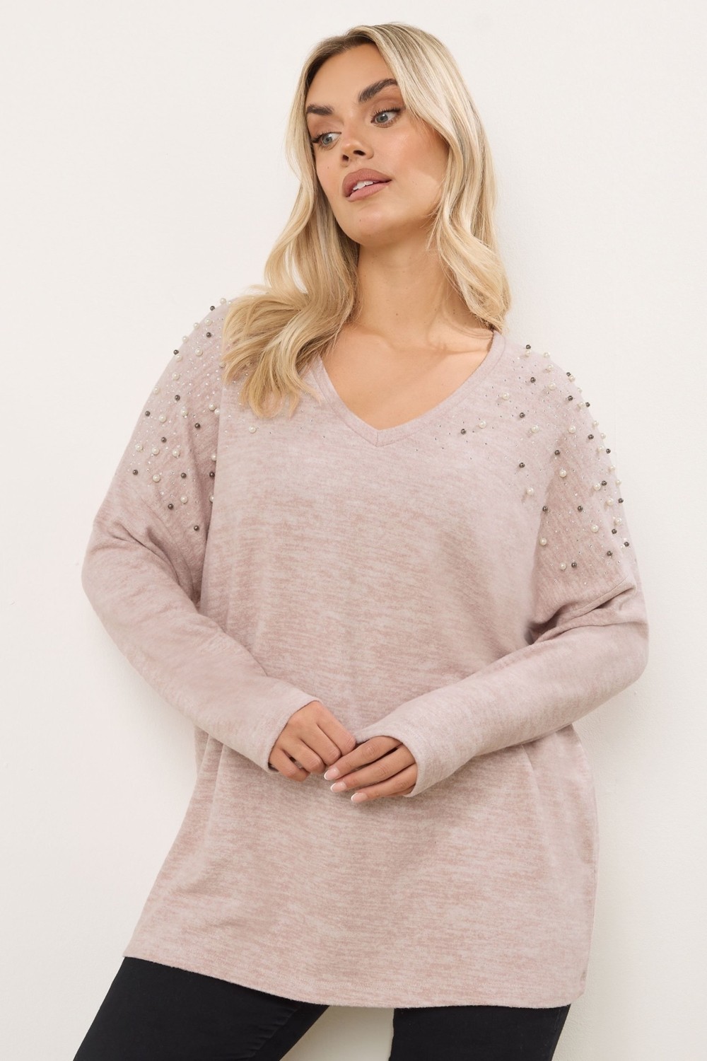 Büyük Beden Kadın V Yaka Pudra Renk Boncuklu Peluş Sweatshirt Uzun Kollu Ekstra Konfor görsel 2