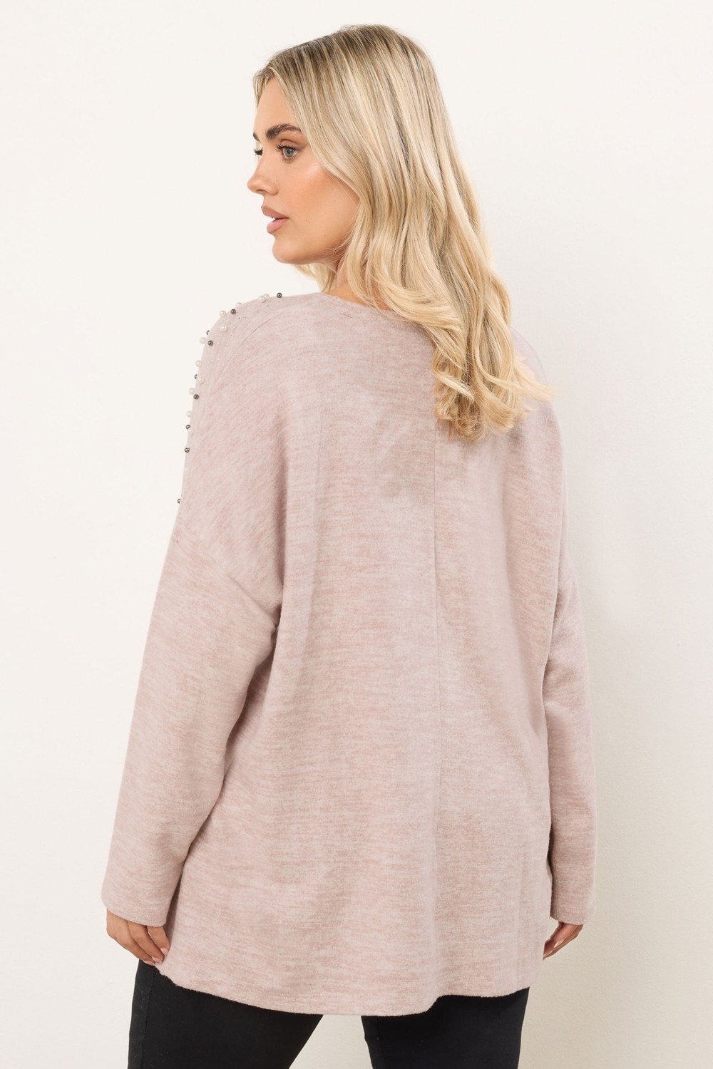 Büyük Beden Kadın V Yaka Pudra Renk Boncuklu Peluş Sweatshirt Uzun Kollu Ekstra Konfor görsel 5
