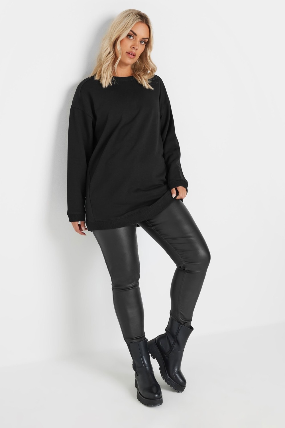 Büyük Beden Kadın Bisiklet Yaka Uzun Kollu Siyah Basic Sweatshirt 303747 Yumuşak Pamuklu Kumaş