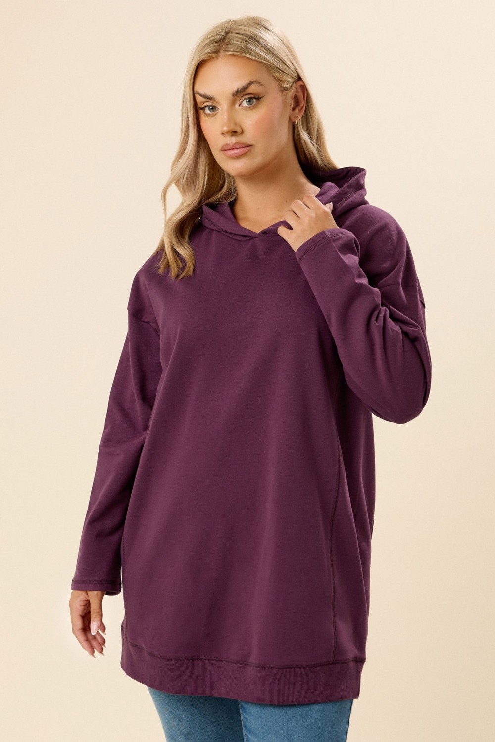 Büyük Beden Kadın Kapüşonlu Uzun Kollu Mor Sweatshirt Esnek Kumaş Özelliği ile 304288