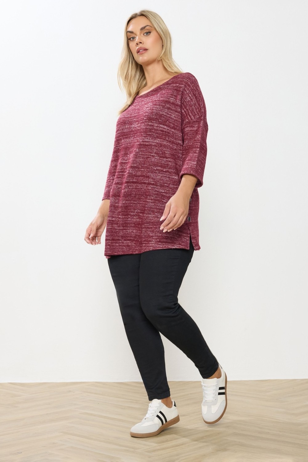 Büyük Beden Mor Yarım Kol Düğme Detaylı Sweatshirt 304438 Kadın Konforlu Triko Kumaş
