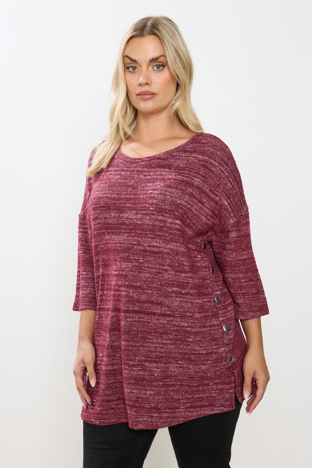 Büyük Beden Mor Yarım Kol Düğme Detaylı Sweatshirt 304438 Kadın Konforlu Triko Kumaş görsel 2