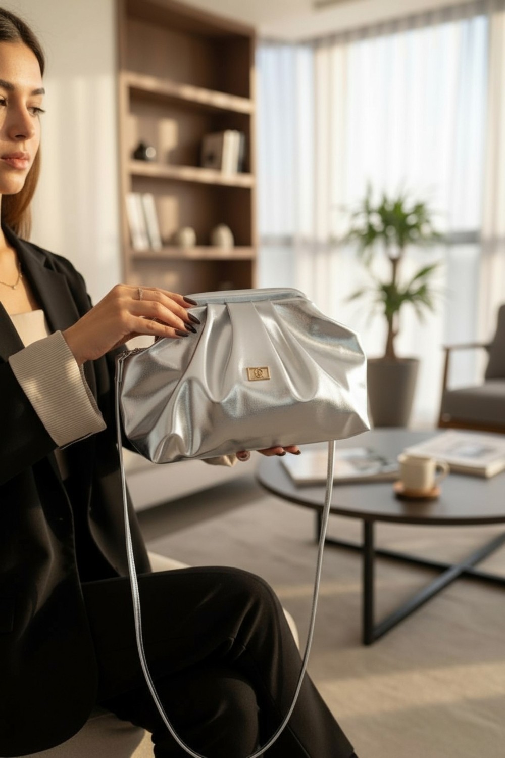 Class Bag Kadın Gold Orta Boy Parlak Suni Deri Askılı Clutch ve Abiye Çanta görsel 2