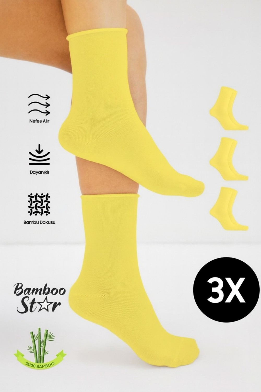 Bamboo Star Bambu Kadın Lastiksiz Beyaz Soket Dikişsiz Premium Çorap 3'lü Paket / Sıkmayan Çorap / Iz Bırakmaz
