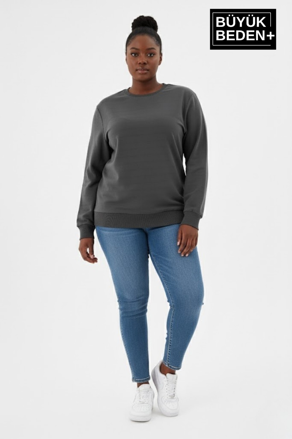 Superlife Kadın Büyük Beden Bisiklet Yaka Kollar ve Etek Ribanalı Ince Sweatshirt, Regular Fit %64 Pamuklu SPR26BSW956