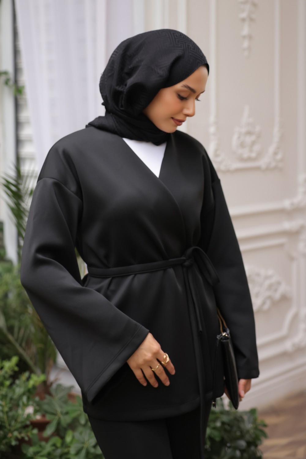 İmaj Butik Siyah Kuşaklı Scuba Kimono Ceket