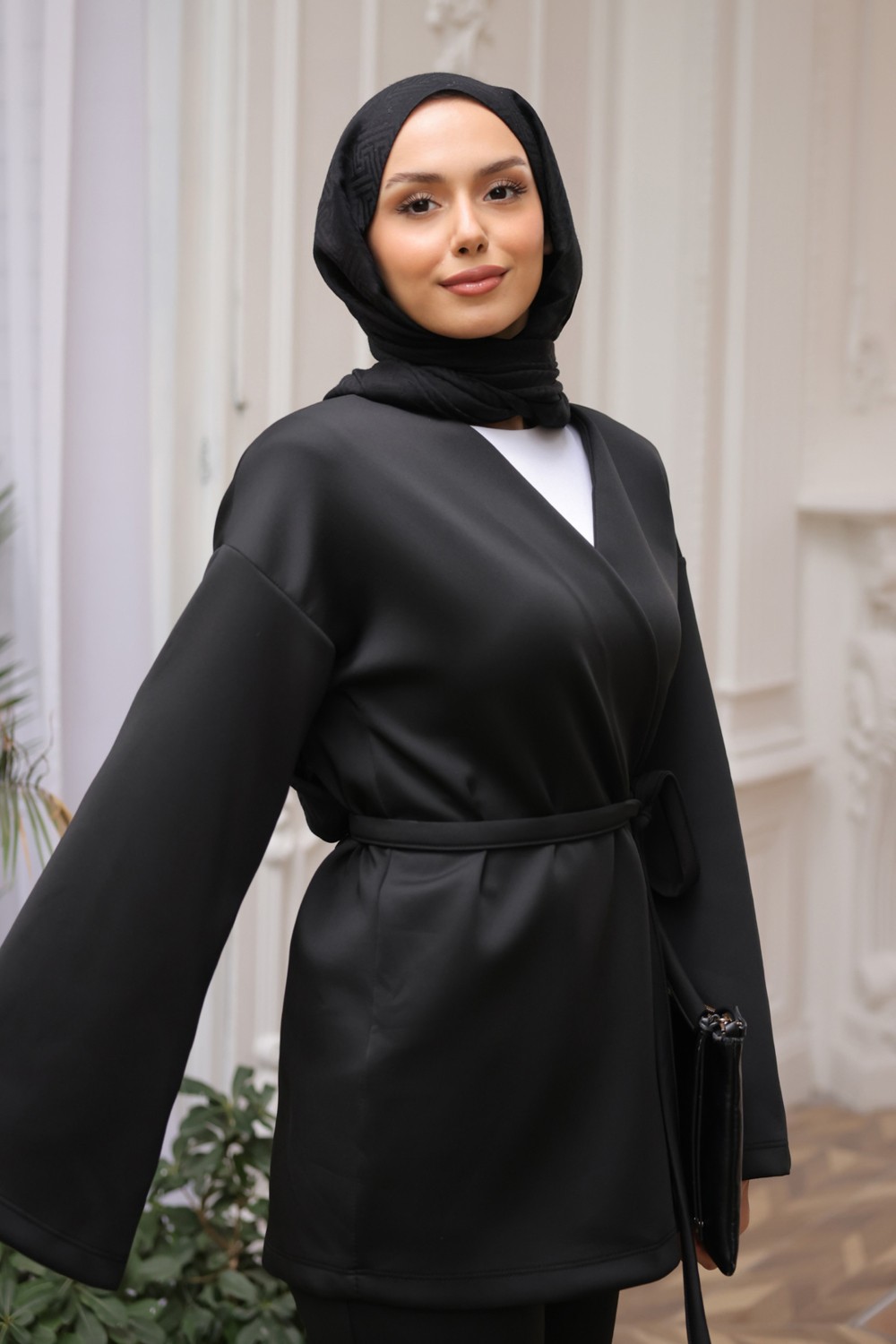 İmaj Butik Siyah Kuşaklı Scuba Kimono Ceket görsel 3
