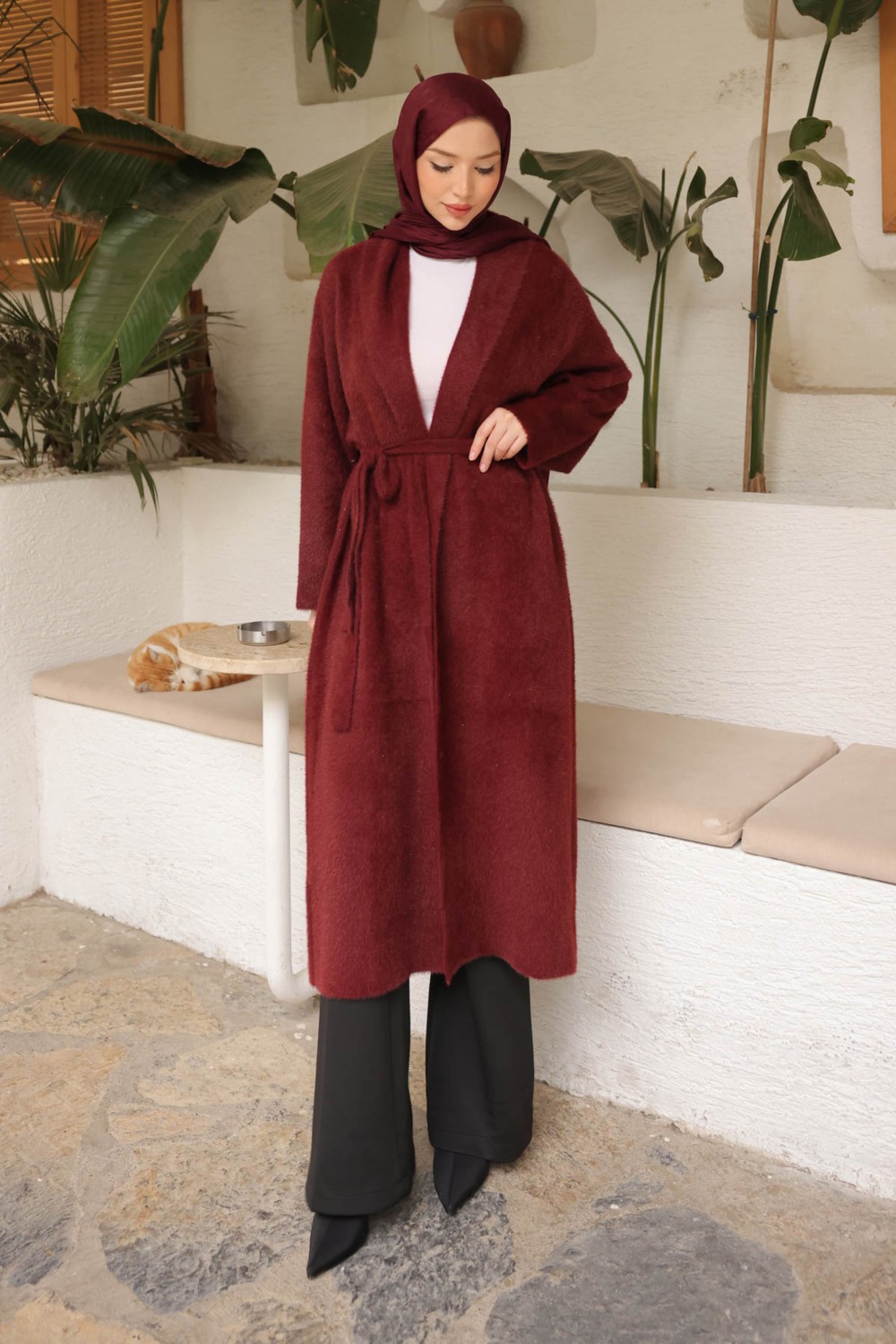 İmaj Butik Kahverengi Kuşaklı Uzun Angora Hırka