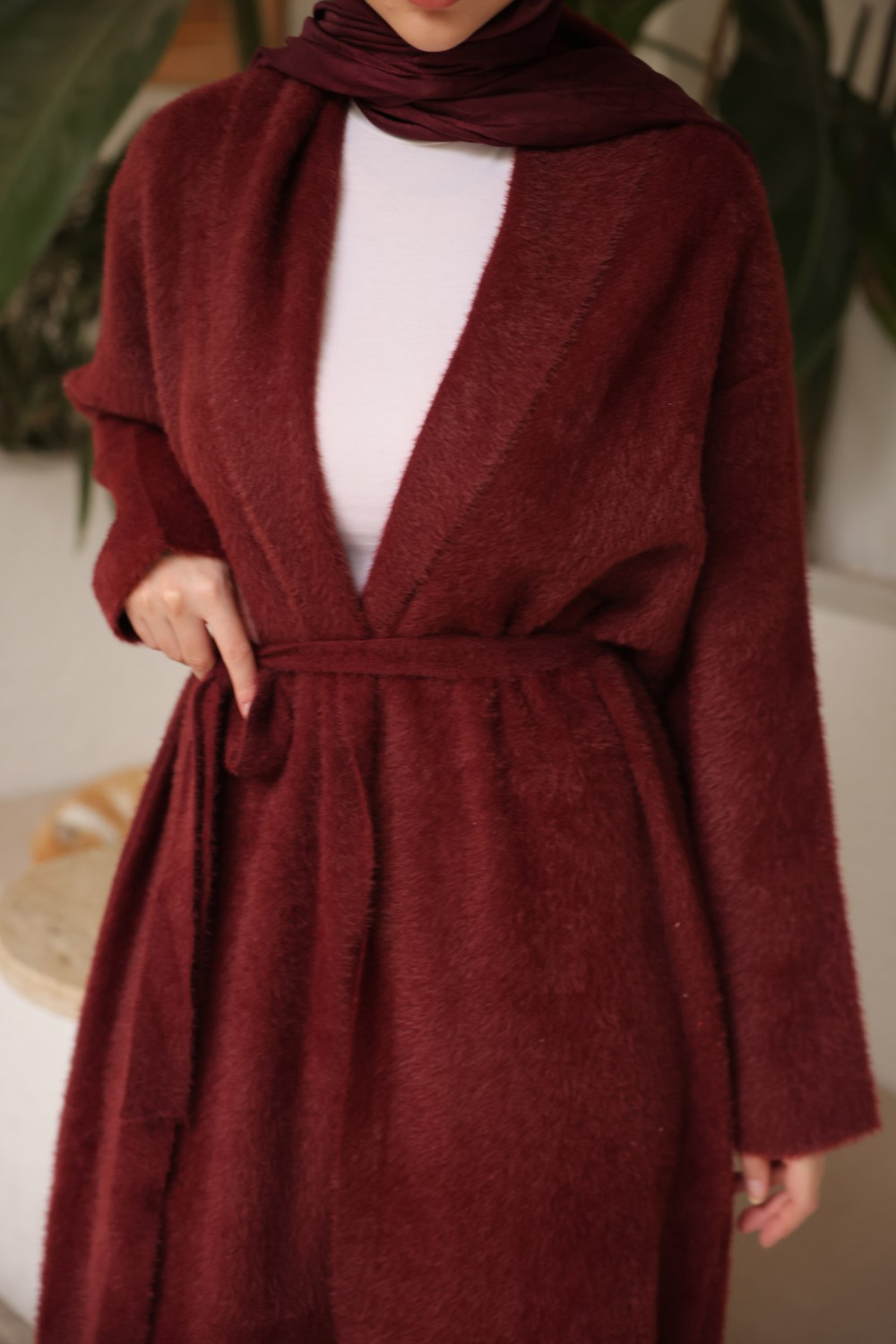 İmaj Butik Kahverengi Kuşaklı Uzun Angora Hırka görsel 3