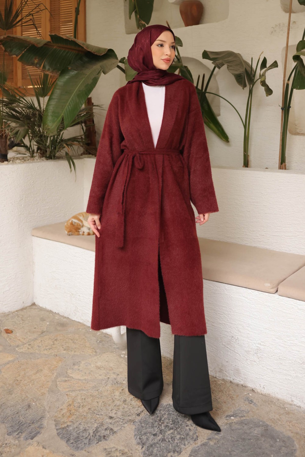 İmaj Butik Kahverengi Kuşaklı Uzun Angora Hırka görsel 4