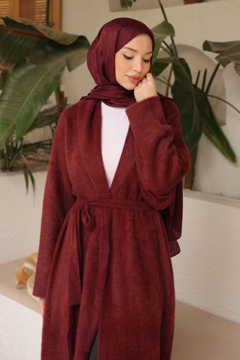 İmaj Butik Kahverengi Kuşaklı Uzun Angora Hırka görsel 5