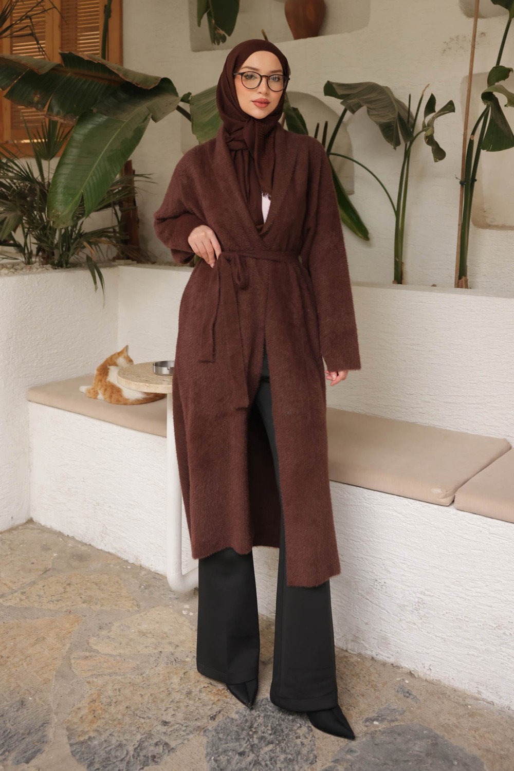 İmaj Butik Kahverengi Kuşaklı Uzun Angora Hırka görsel 7