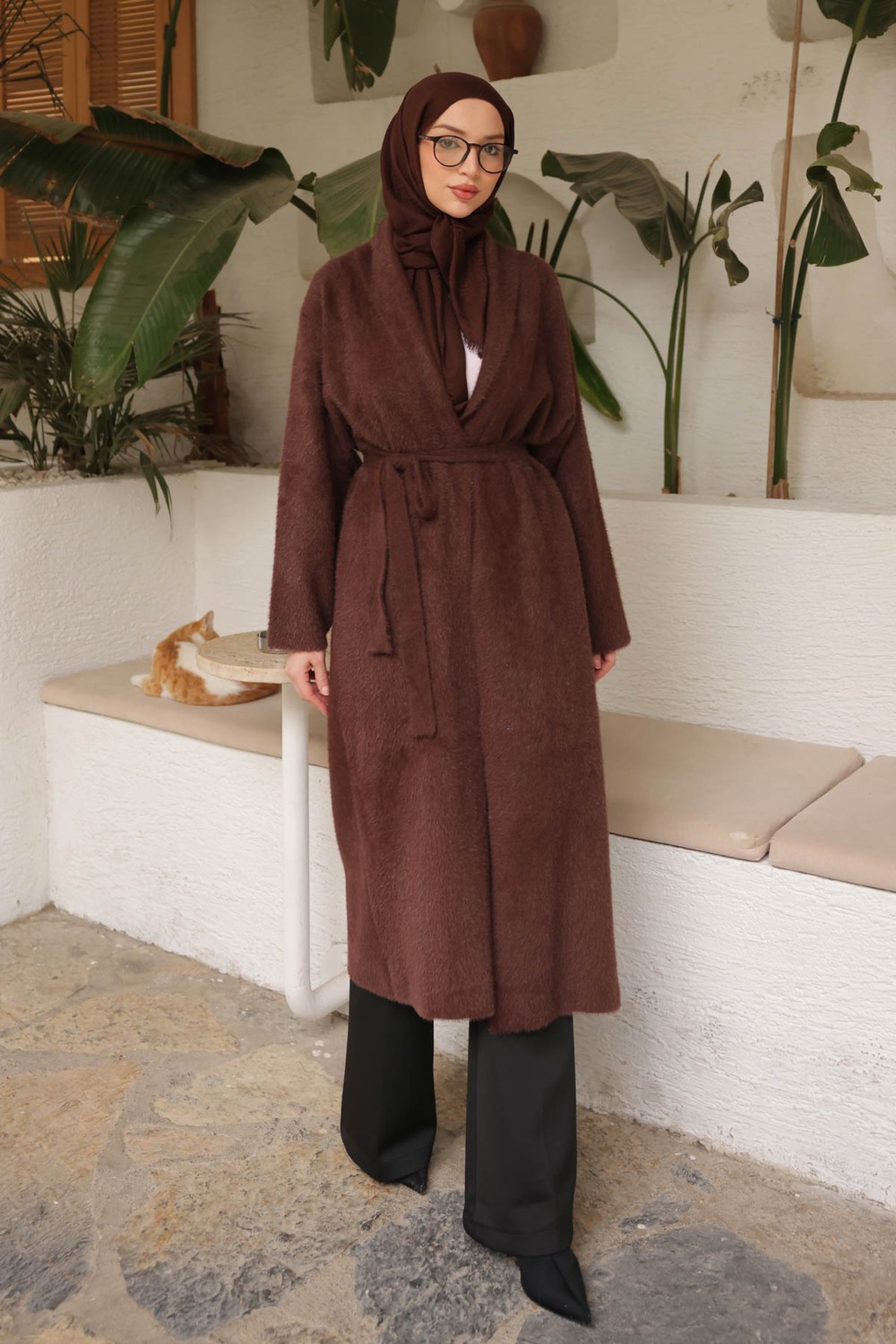 İmaj Butik Kahverengi Kuşaklı Uzun Angora Hırka görsel 8