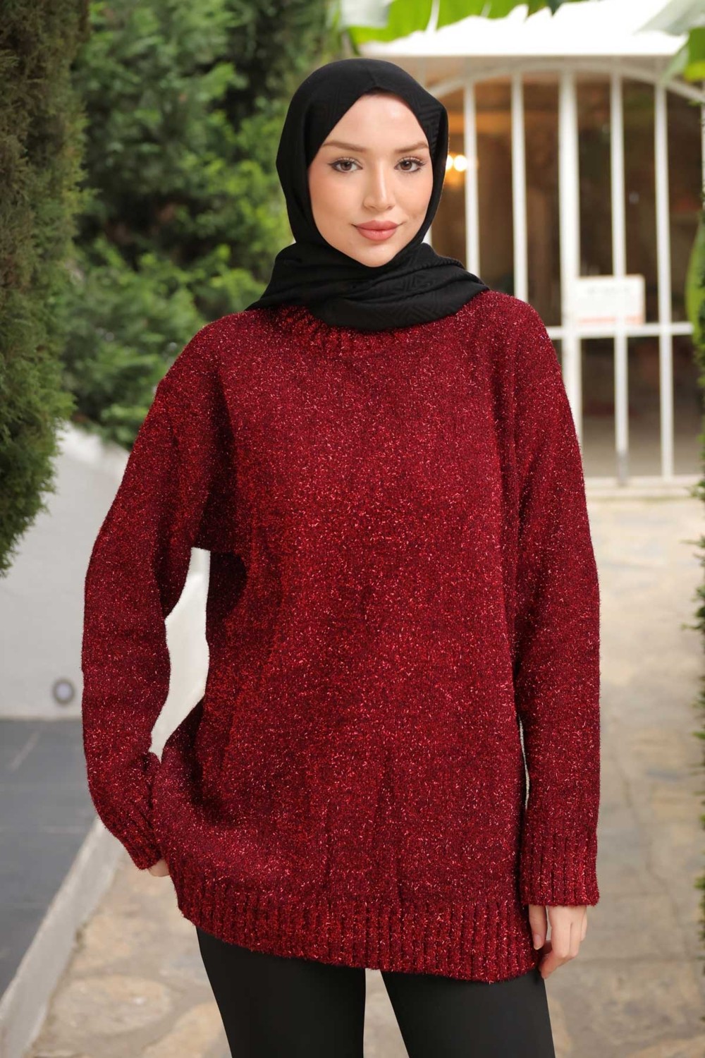 İmaj Butik Kırmızı Bisiklet Yaka Simli Triko Kazak