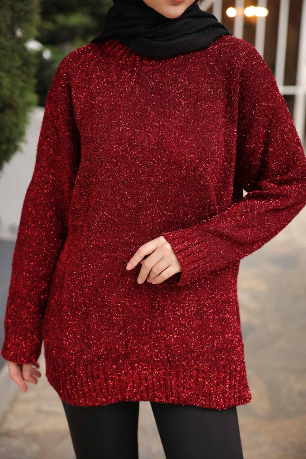 İmaj Butik Kırmızı Bisiklet Yaka Simli Triko Kazak görsel 3
