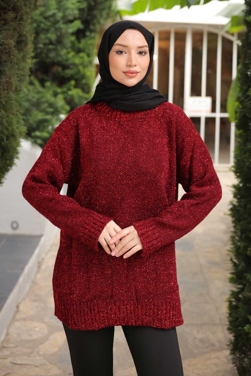 İmaj Butik Kırmızı Bisiklet Yaka Simli Triko Kazak görsel 5