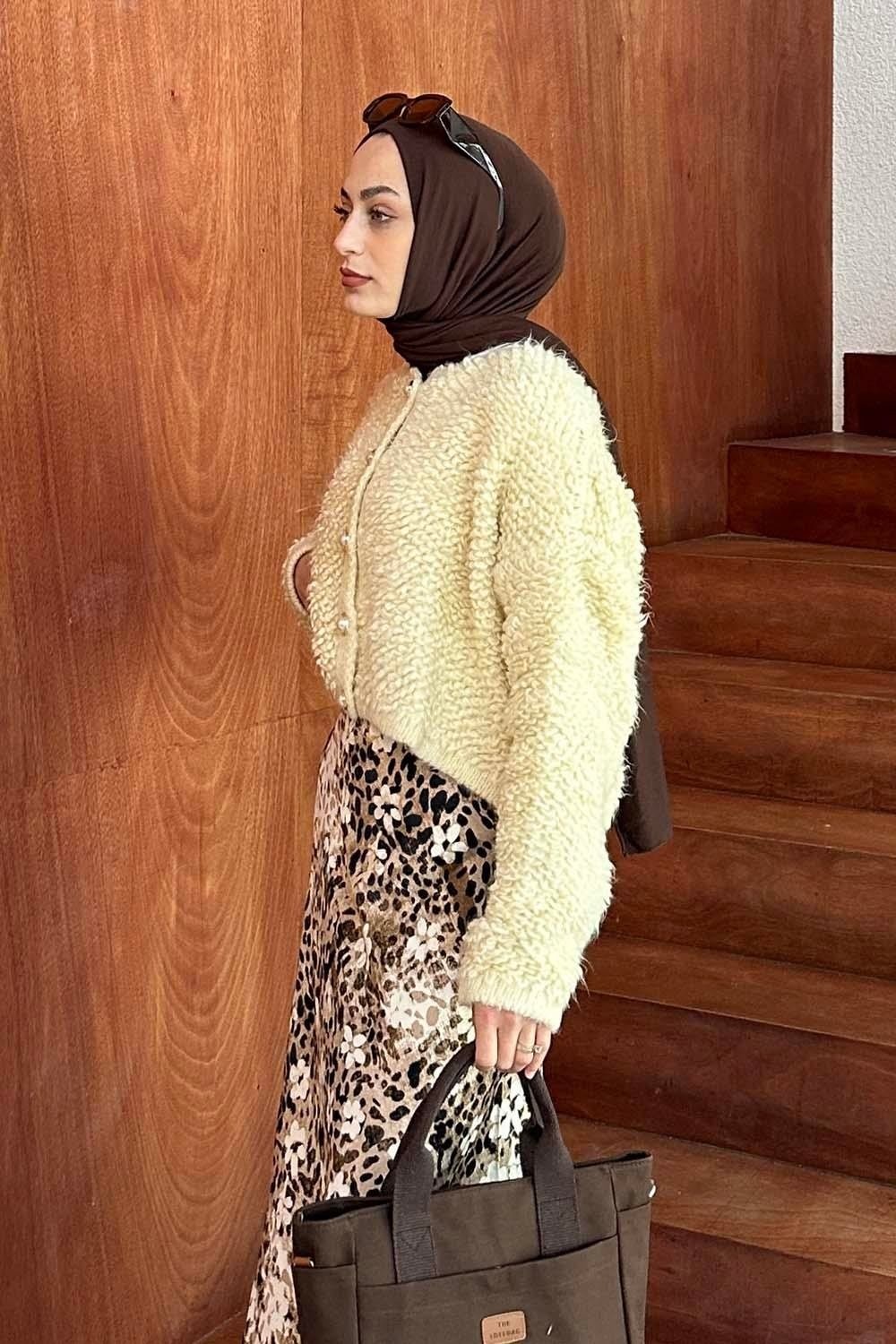 Lamelif Yumoş Havlu Desen Hırka Krem görsel 7