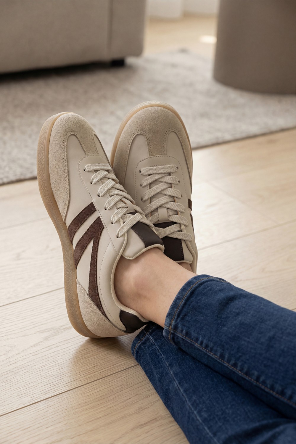 Marjin Kadın Sneaker Bağcıklı Düz Taban Retro Spor Ayakkabı Bej Termo Tabanlı görsel 2