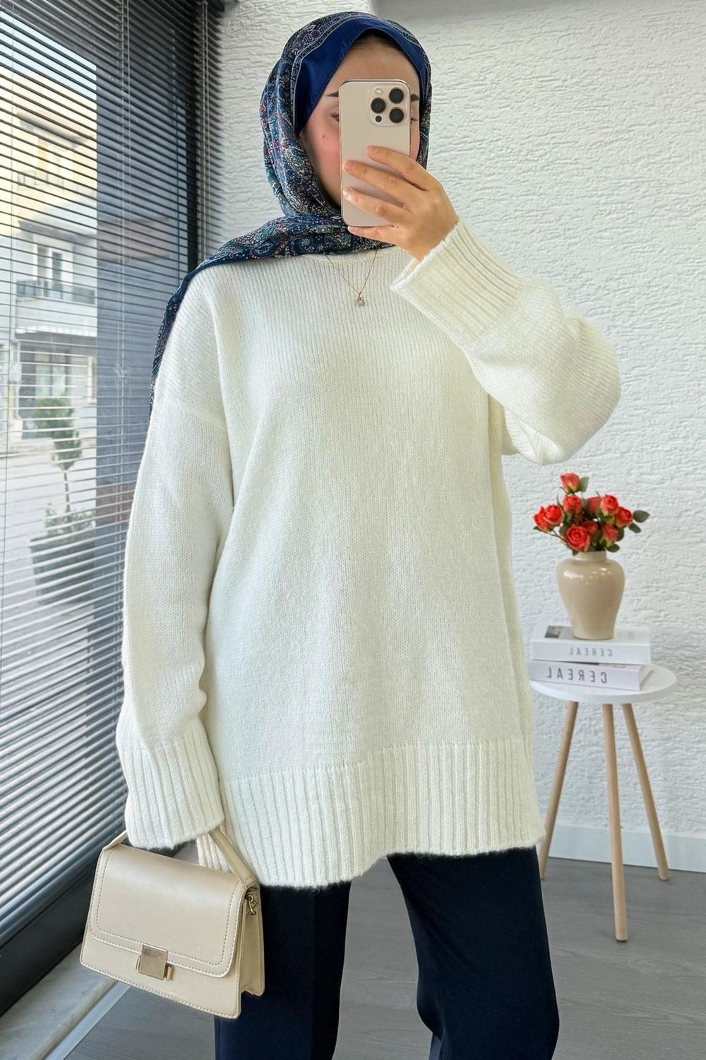 Miraydin Butik Kadın Bisiklet Yaka Oversize Kazak - Ekru görsel 2