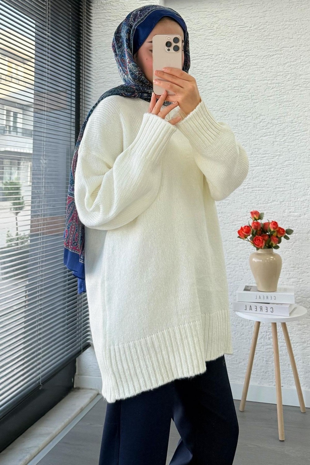 Miraydin Butik Kadın Bisiklet Yaka Oversize Kazak - Ekru görsel 3