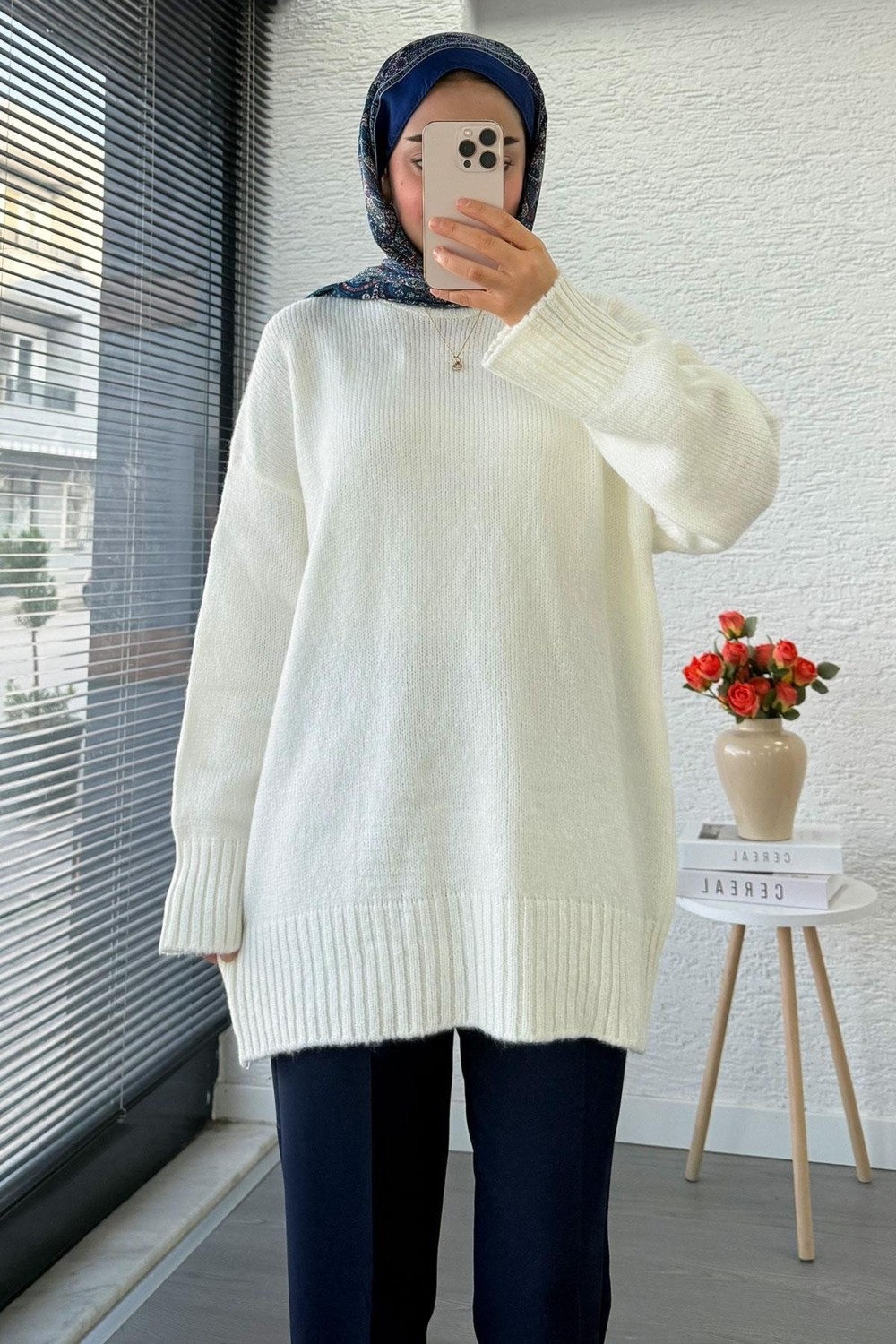 Miraydin Butik Kadın Bisiklet Yaka Oversize Kazak - Ekru görsel 7