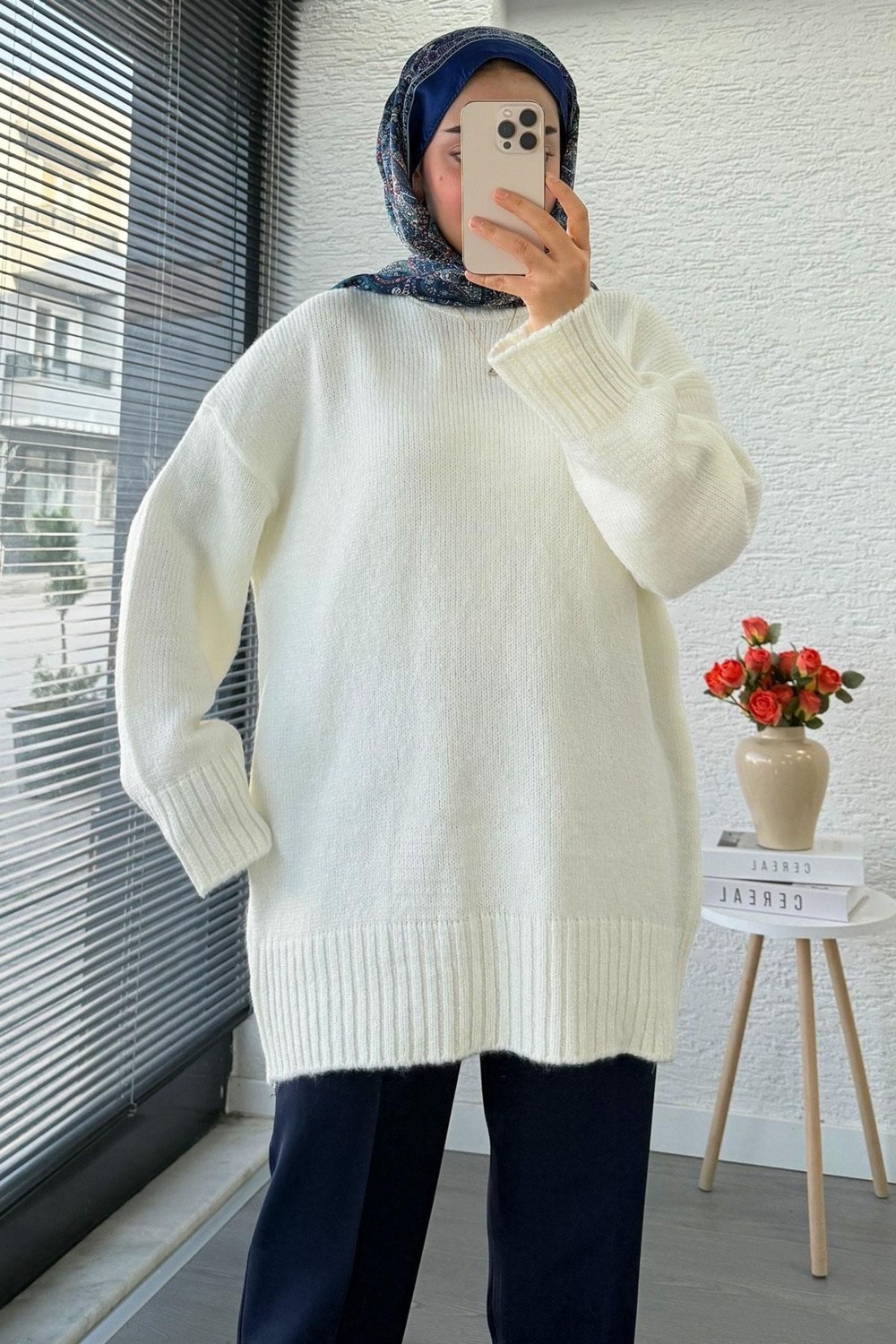 Miraydin Butik Kadın Bisiklet Yaka Oversize Kazak - Ekru görsel 8