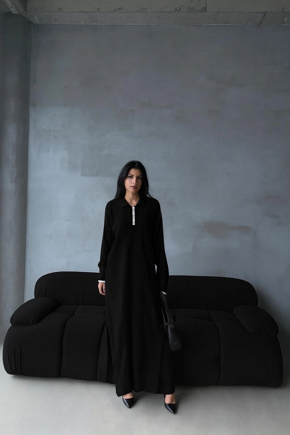 Trivogue Pantolon Yırtmaçlı Elbise Ikili Triko Takım Siyah Elf
