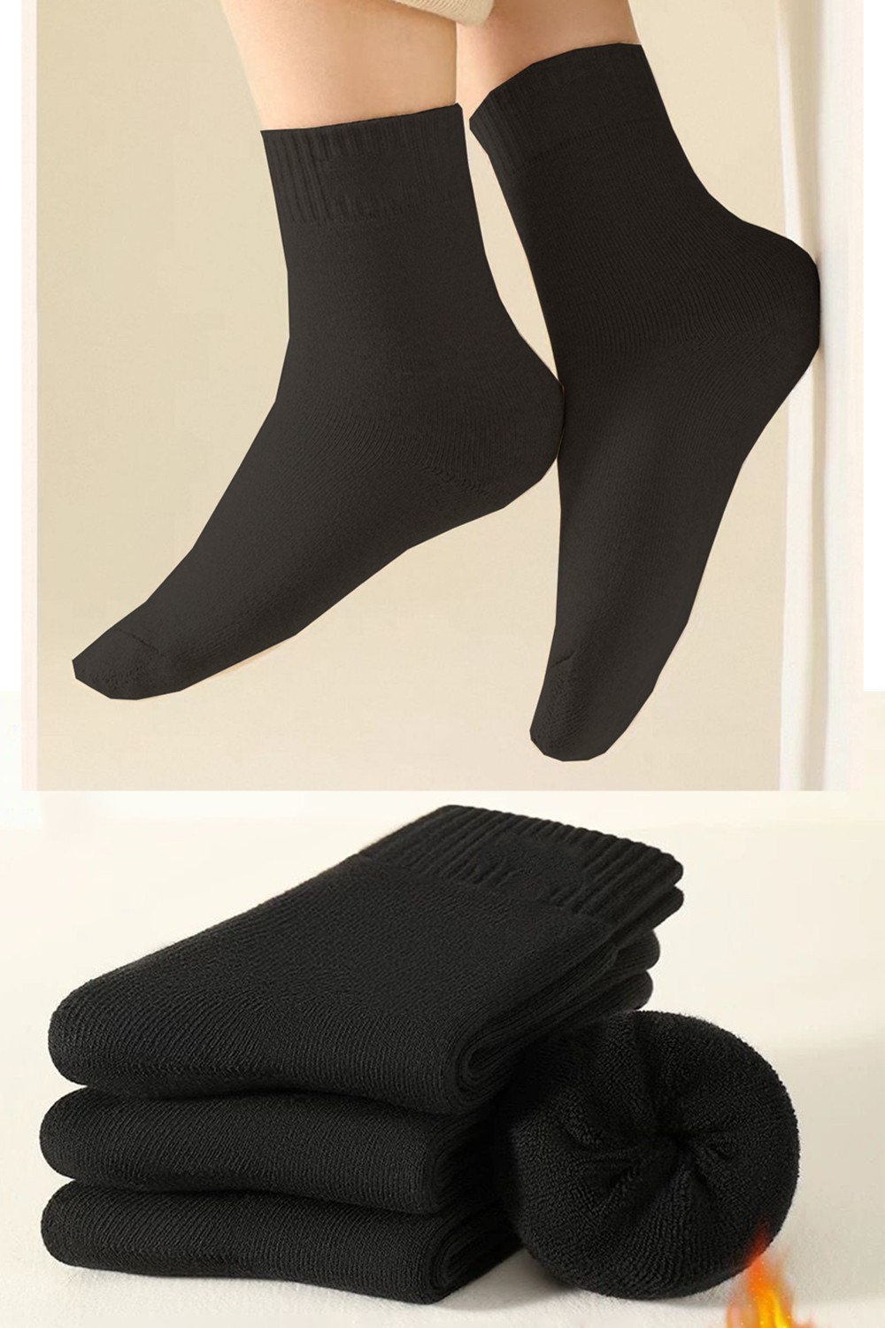 Bgk Unisex 3 Çift Siyah Blok Kışlık Havlu Çorap