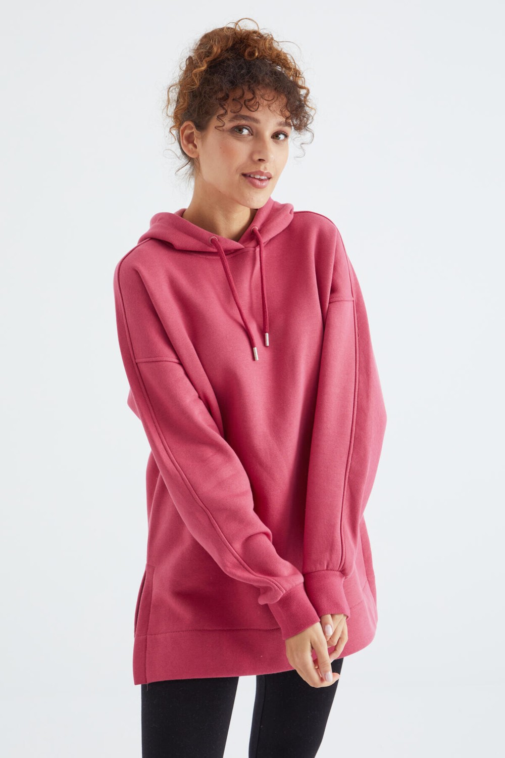 Tommy Life Ekru Reglan Kol Basic Kapüşonlu Oversize Sweatshirt Tunik - 97242 görsel 2