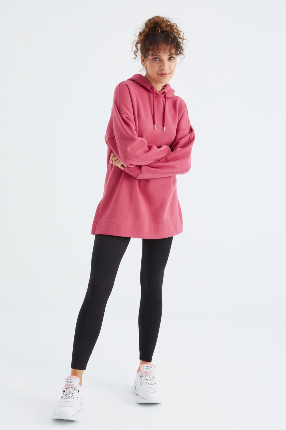 Tommy Life Ekru Reglan Kol Basic Kapüşonlu Oversize Sweatshirt Tunik - 97242 görsel 3