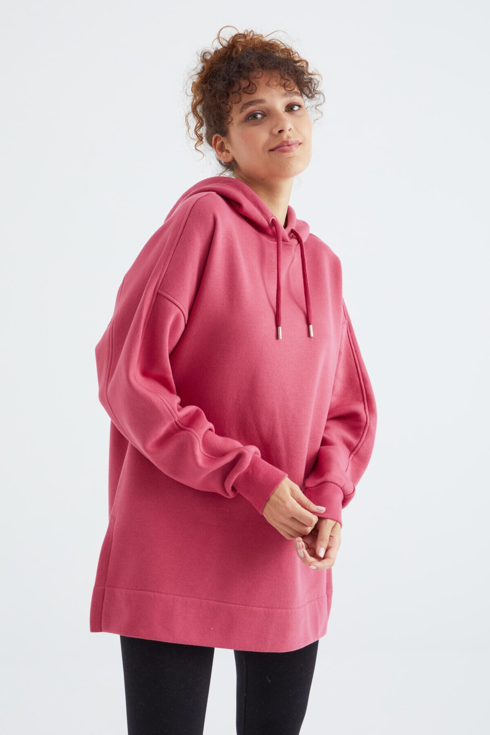 Tommy Life Ekru Reglan Kol Basic Kapüşonlu Oversize Sweatshirt Tunik - 97242 görsel 4